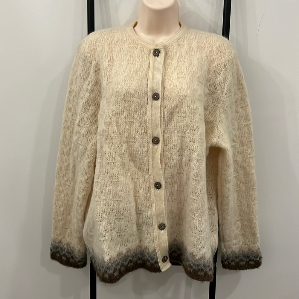 Vintage Floss 100% wool cream sweater cardigan women size XL knit Y2K buttons up